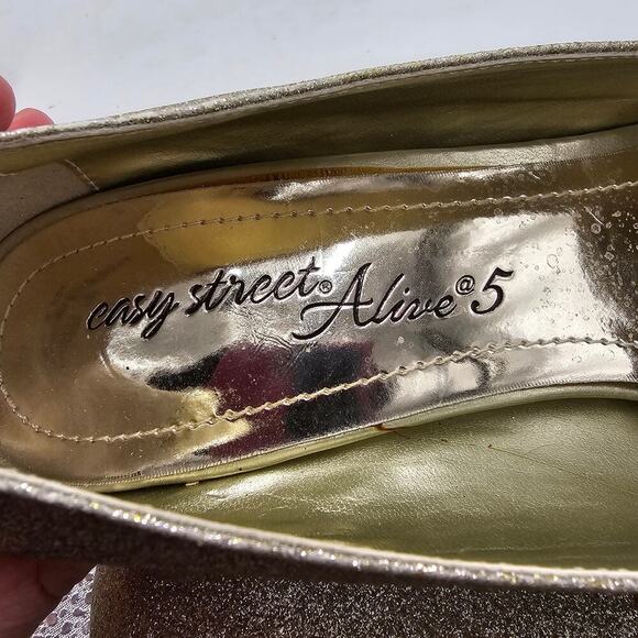 Gold Heels Womens Size 7.5 Sparkle Glitter Glam Wedding Dress Peep Toe Metallic - Picture 15 of 16